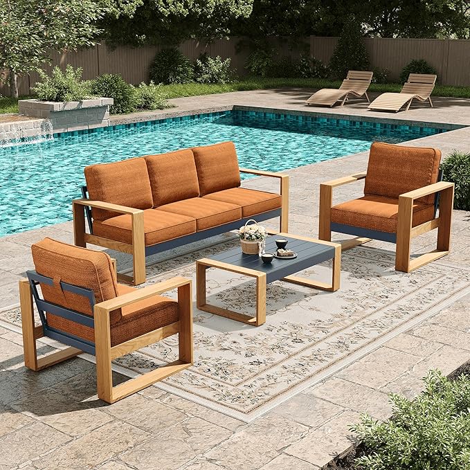 LayinSun 4 Pieces Aluminum Patio Furniture Set with Coffee Table, Oversized Seat with Hight Back, Outdoor Conversation Sets for Porch, Balcony, Deck