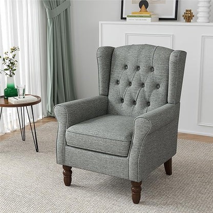 High Back Accent Chair, High Wingback Chair for Living Room, Button-Tufted Upholstered Fabric Armchair with Solid Wood Legs, Comfy Single Sofa Reading Chair for Bedroom, Gray