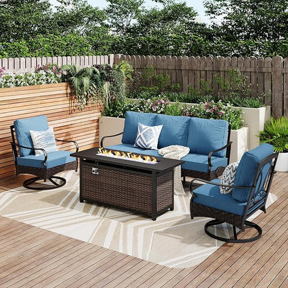 PHI VILLA Patio Furniture Set with 56" Fire Pit Table, Premium Outdoor Wicker Metal Frame Furniture with Upgraded Waterproof Thick Cushions for Porch, Poolside, Deck, and Yard（4 Pieces,Navy
