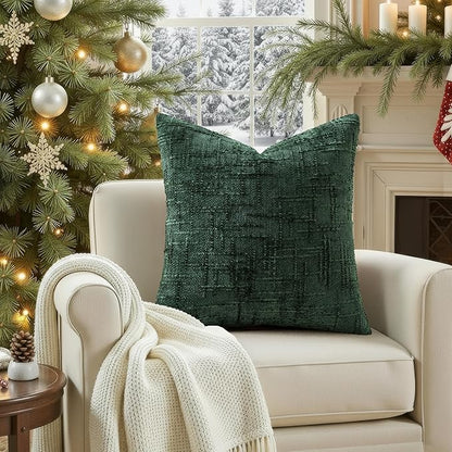 decorUhome Christmas Green Chenille Throw Pillow Covers 16x16 Set of 2 Thick Textured Slubby Couch Pillow Covers Farmhouse Accent Modern Neutral Decorative Pillow Cases for Bed Sofa Living Room