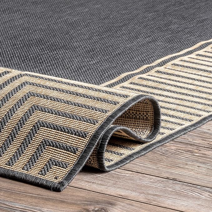 nuLOOM 9'6" x 12' Outdoor Area Rug, Casual Design With Striped Border, Stain Resistant, Highly Durable, For Patio, Balcony, Bedroom, Living Room, Dining Room, Bathroom, Dark Grey