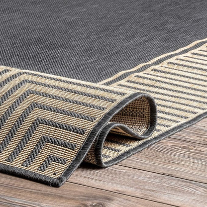 nuLOOM 9'6" x 12' Outdoor Area Rug, Casual Design With Striped Border, Stain Resistant, Highly Durable, For Patio, Balcony, Bedroom, Living Room, Dining Room, Bathroom, Dark Grey