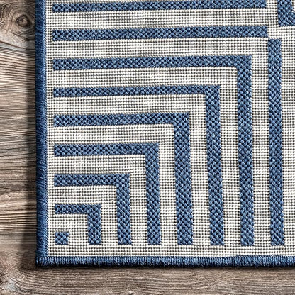 nuLOOM 2' x 6' Outdoor/Indoor Asha Area Rug, Asha Navy, Casual Design with Striped Border, Stain Resistant, Highly Durable, for Patio, Balcony, Bedroom, Living Room, Dining Room, Bathroom