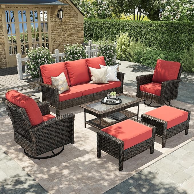 HERA'S HOUSE Red Outdoor Furniture Set with 35" High Back Swivel Chairs, Wicker Patio Conversation Sets with 5.5" Waterproof Cushions for Deck Lawn Yard