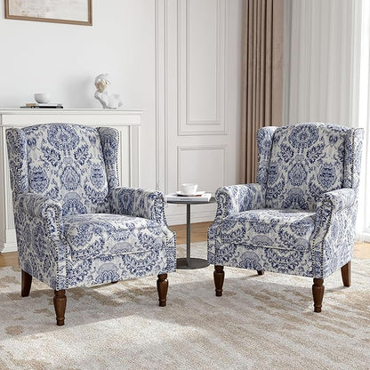 Wingback Accent Chairs Set of 2, High Back Upholstered Armchair, Printed Fabric Wingback Arms Chairs with Wood Legs, Single Sofa Reading Chair for Bedroom Living Room, Navy