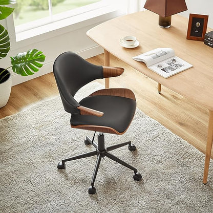Art Leon Swivel Desk Chairs, Set of 2, Mid Century Modern Office Chairs with Wheels, Faux Leather Upholstered Armchairs, Adjustable Height Task Chairs with Metal Base, Walnut Bentwood, Black
