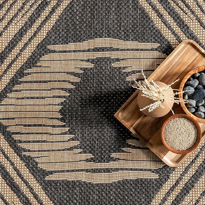 nuLOOM 8' x 10' Outdoor Tribal Geometric Area Rug, Stain Resistant, Weather Resistant, High Traffic, Patio, Balcony, Outside, Ranya Dark Grey