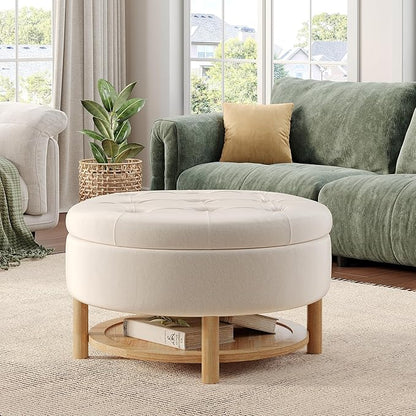 Vabches 31 Inch Round Storage Ottoman, Upholstered Velvet Tufted Foot Rest with Lift-Off Lid, Coffee Table with Commodity Shelf for Living Room, Beige