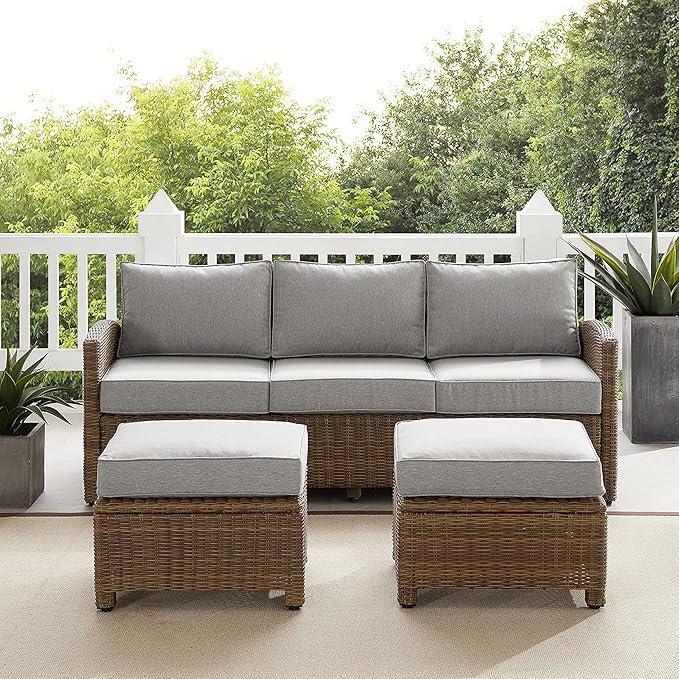 Crosley Furniture Bradenton 3-Piece Outdoor Sofa Patio Furniture Set, Wicker Conversation Sets for Porch, Brown with Gray Cushions