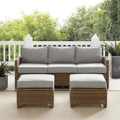 Crosley Furniture Bradenton 3-Piece Outdoor Sofa Patio Furniture Set, Wicker Conversation Sets for Porch, Brown with Gray Cushions