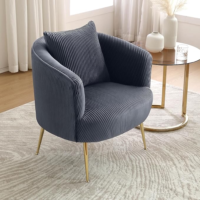 Art Leon Velvet Accent Chair, Upholstered Modern Single Sofa Chair, Comfy Barrel Chair with Golden Metal Legs for Living Room Bedroom, Gray