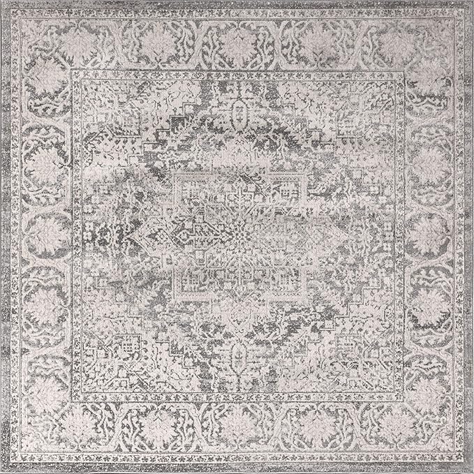 JONATHAN Y Modern Vintage Medallion Light Gray 8x8 Square Indoor Area Rug, Country, Floral, Easy-Cleaning for Living Room, Bedroom, Kitchen, Pet Friendly, Non-Shedding (MDP100A-8SQ)