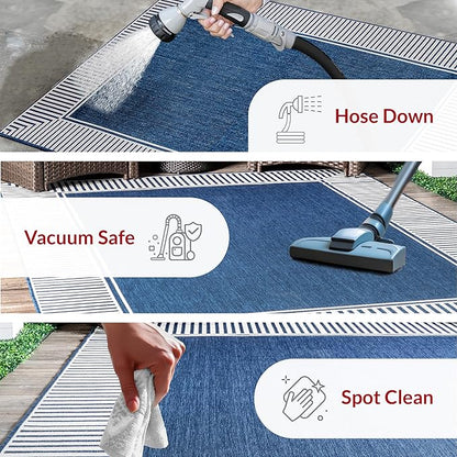 nuLOOM 10' x 13' Outdoor Area Rug, Casual Design with Striped Border, Stain Resistant, Highly Durable, for Patio, Balcony, Bedroom, Living Room, Dining Room, Bathroom, Navy