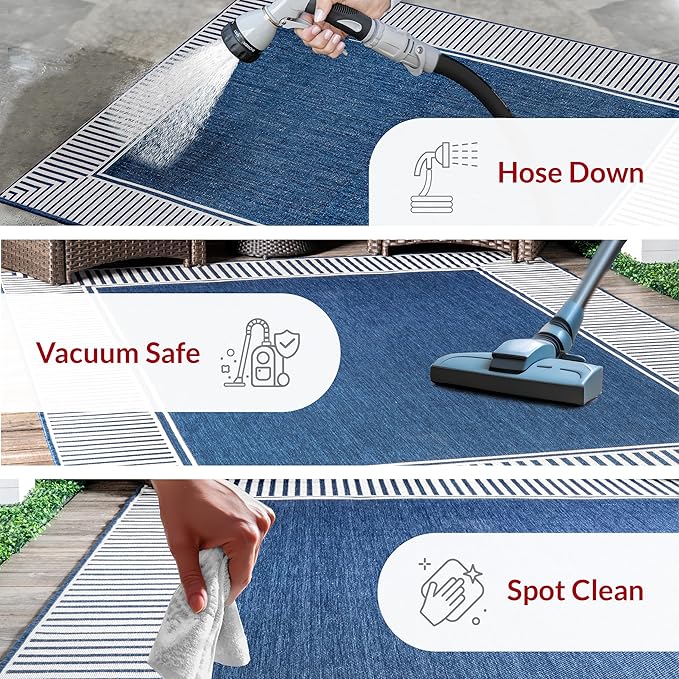 nuLOOM 7' Square Outdoor Area Rug, Casual Design with Striped Border, Stain Resistant, Highly Durable, for Patio, Balcony, Bedroom, Living Room, Dining Room, Bathroom, Navy