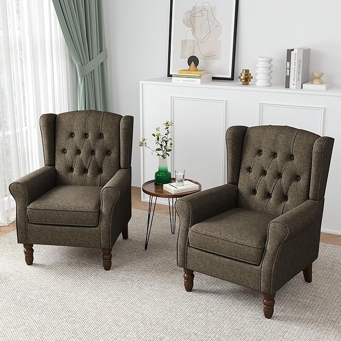 High Back Accent Chair, High Wingback Chair for Living Room, Button-Tufted Upholstered Fabric Armchair with Solid Wood Legs, Comfy Single Sofa Reading Chair for Bedroom, Taupe