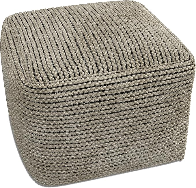 SIMPLIHOME Eastmont Boho Square Pouf in Cream Polystyrene Filling for the Living Room, Bedroom and Kids Room
