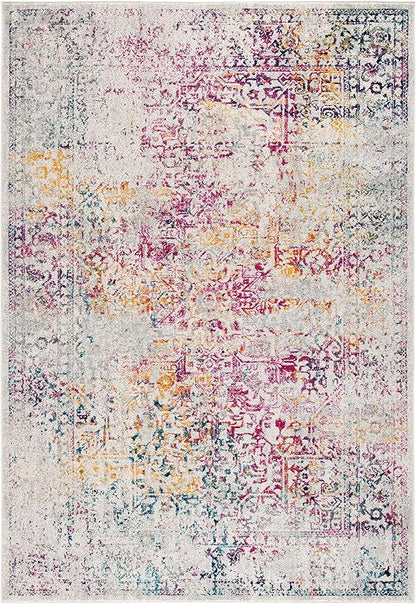 SAFAVIEH Evoke Collection 6'7" x 9' Ivory / Fuchsia EVK256Q Oriental Distressed Non-Shedding Living Room Bedroom Dining Home Office Area Rug