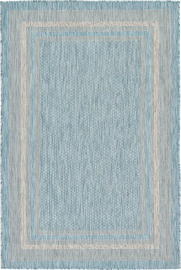 Unique Loom Outdoor Border Collection Area Rug - Soft Border (4' 1" x 6' 1" Rectangle, Aquamarine/ Ivory)