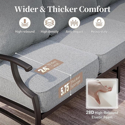 4 Piece Metal Outdoor Patio Furniture Set, Patio Conversation Set 1 3-seater Sofa, 2 Rocking Chair with 5.75" Extra Thick Cushion and Coffee Table, Black Frame Backyard Furniture, Gray