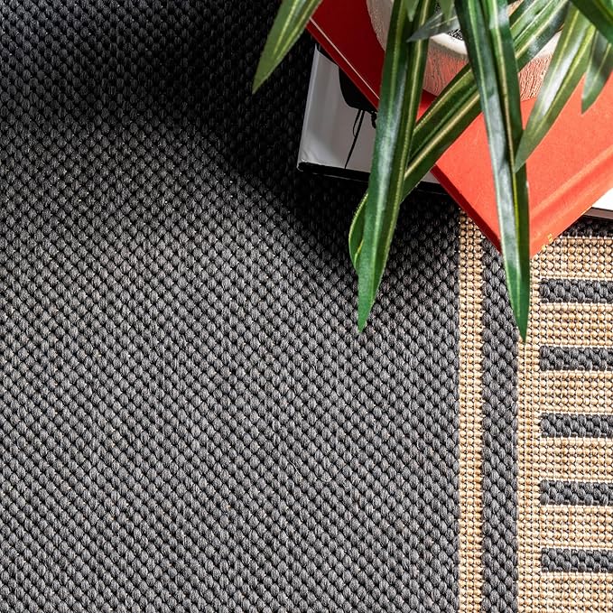nuLOOM 2' x 6' Outdoor/Indoor Asha Area Rug, Asha Dark Grey, Casual Design with Striped Border, Stain Resistant, Highly Durable, for Patio, Balcony, Bedroom, Living Room, Dining Room, Bathroom