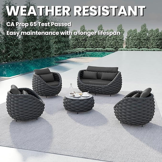 Aluminum Outdoor Seating Set: 5 Pieces Woven Rope Patio Furniture Conversation Set - Modern Deck Loveseat Set Cushioned - Assembled Metal Porch Lounge Set for Yard Garden Lanai Hotel, Dark Grey