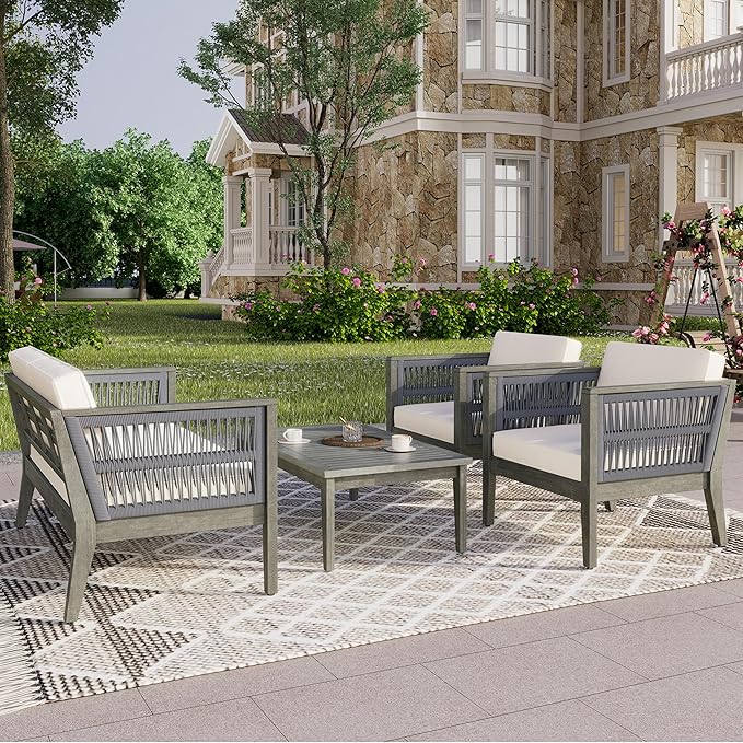 Christopher Knight Home Outdoor Acacia Wood Patio Set, 4-Pieces Patio Conversation Set, Outdoor Furniture with Coffee Table, Patio Deep Seating with Cushion, Porch Chairs for Garden, Grey+Beige