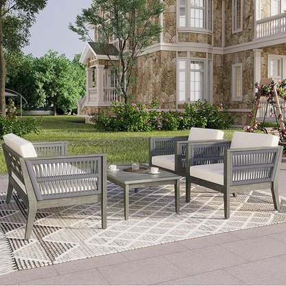 Christopher Knight Home Outdoor Acacia Wood Patio Set, 4-Pieces Patio Conversation Set, Outdoor Furniture with Coffee Table, Patio Deep Seating with Cushion, Porch Chairs for Garden, Grey+Beige
