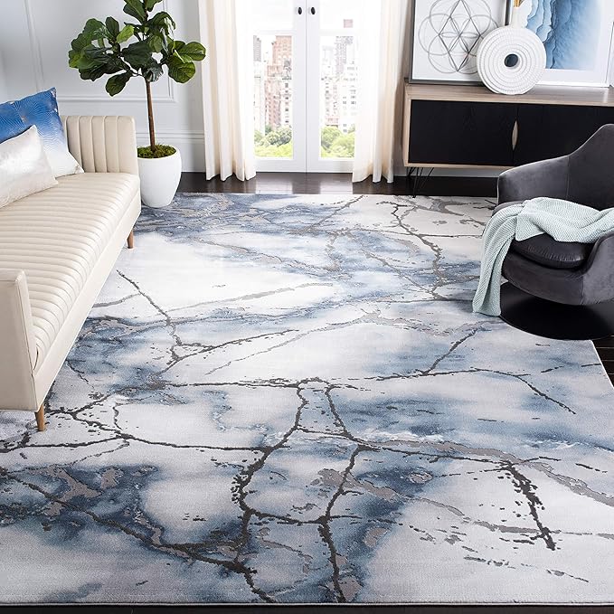 SAFAVIEH Craft Collection Area Rug - 10' Square, Grey & Blue, Modern Abstract Design, Non-Shedding & Easy Care, Ideal for High Traffic Areas in Living Room, Bedroom (CFT877L)