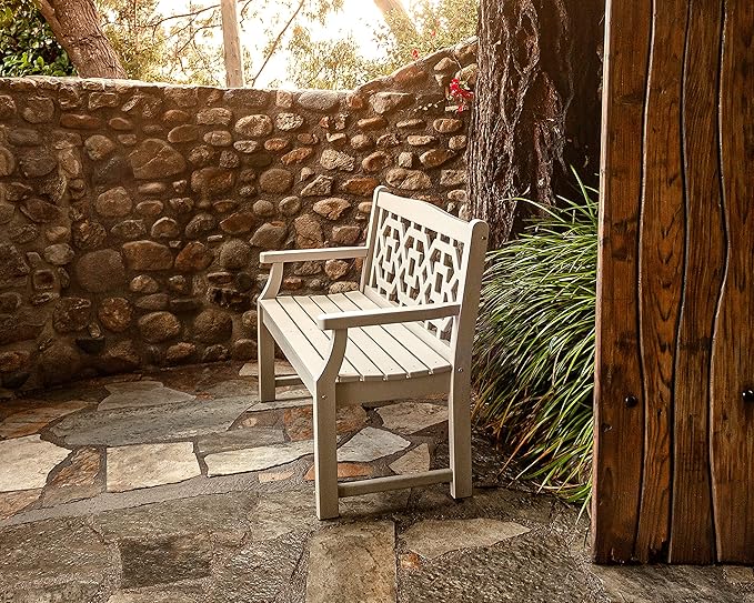 Martha Stewart by POLYWOOD Chinoiserie 48" Outdoor Bench for Patio, Porch & Backyard, Sand - Durable All-Weather HDPE Garden Seat with Back Support - Classic 2 Person Seating, Made in The USA
