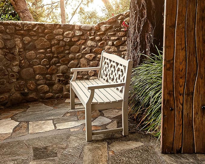 Martha Stewart by POLYWOOD Chinoiserie 48" Outdoor Bench for Patio, Porch & Backyard, Sand - Durable All-Weather HDPE Garden Seat with Back Support - Classic 2 Person Seating, Made in The USA