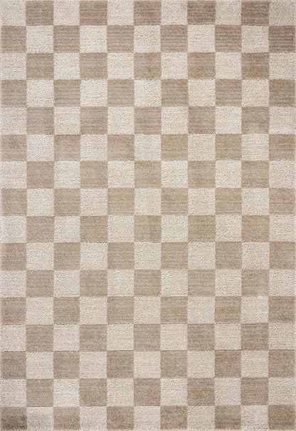 Loloi Chris Loves Julia Calvin Collection CLV-01 Pebble/Ivory 6'-3" x 9'-6" Area Rug Checkered Neutral Soft Living Room Bedroom Carpet