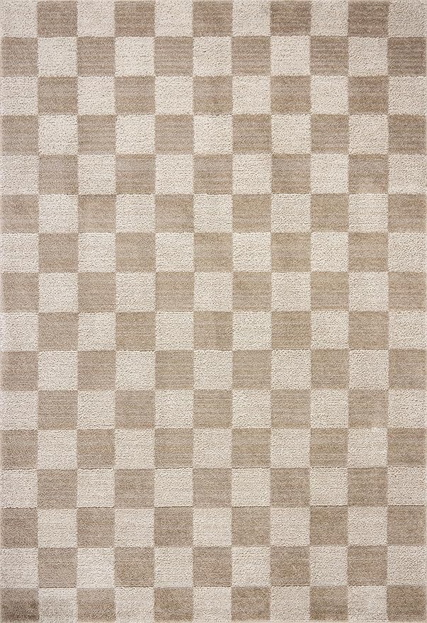 Loloi Chris Loves Julia Calvin Collection CLV-01 Pebble/Ivory 11'-6" x 15'-7" Area Rug Checkered Neutral Soft Living Room Bedroom Carpet