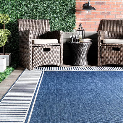 nuLOOM 8' Square Outdoor Area Rug, Casual Design with Striped Border, Stain Resistant, Highly Durable, for Patio, Balcony, Bedroom, Living Room, Dining Room, Bathroom, Navy
