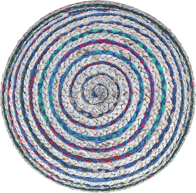 SIMPLIHOME Margo Boho Round Pouf in Blue Braided Jute for the Living Room, Bedroom and Kids Room