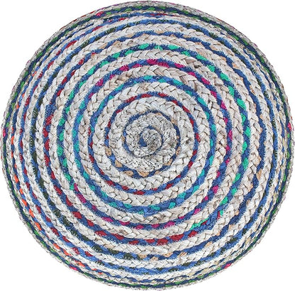 SIMPLIHOME Margo Boho Round Pouf in Blue Braided Jute for the Living Room, Bedroom and Kids Room