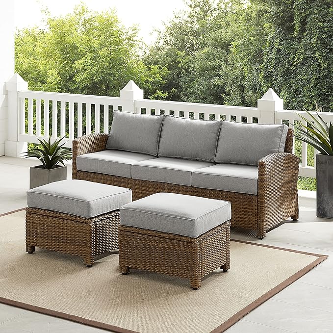 Crosley Furniture Bradenton 3-Piece Outdoor Sofa Patio Furniture Set, Wicker Conversation Sets for Porch, Brown with Gray Cushions