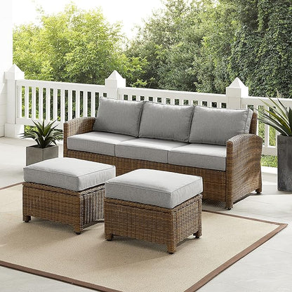 Crosley Furniture Bradenton 3-Piece Outdoor Sofa Patio Furniture Set, Wicker Conversation Sets for Porch, Brown with Gray Cushions
