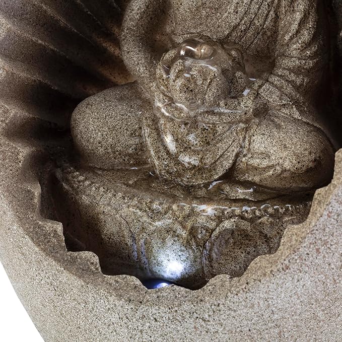 Alpine Corporation WIN322 Indoor/Outdoor Tabletop Buddha Fountain with LED Lights, Soothing Buddha Garden Fountain 11", Beige