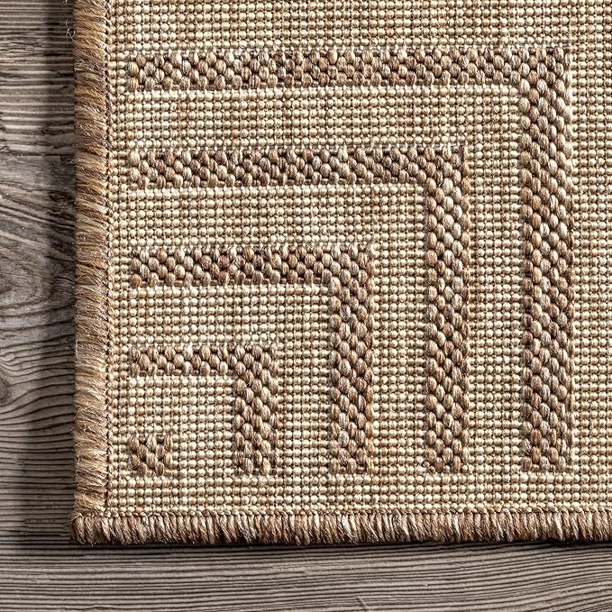 nuLOOM 4' x 6' Outdoor Area Rug, Casual Design With Striped Border, Stain Resistant, Highly Durable, For Patio, Balcony, Bedroom, Living Room, Dining Room, Bathroom, Light Brown