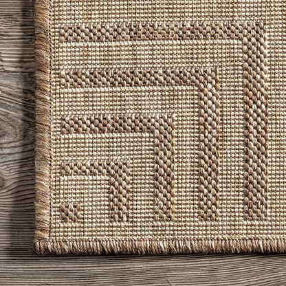 nuLOOM 4' x 6' Outdoor Area Rug, Casual Design With Striped Border, Stain Resistant, Highly Durable, For Patio, Balcony, Bedroom, Living Room, Dining Room, Bathroom, Light Brown