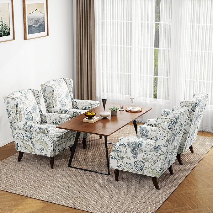 Accent Chair, Upholstered High Back Floral Armchair with Nailhead Trim & Wood Legs, Comfy Wingback Reading Single Sofa Chair for Small Spaces, Living Room, Bedroom ( Plants Blue Floral, Set of 2)