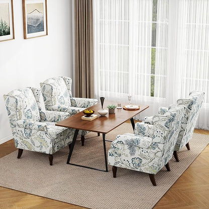 Accent Chair, Upholstered High Back Floral Armchair with Nailhead Trim & Wood Legs, Comfy Wingback Reading Single Sofa Chair for Small Spaces, Living Room, Bedroom ( Plants Blue Floral, Set of 2)