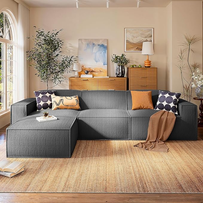 Marsail Modular Sectional Sofa, 111" L-Shaped Modular Sectional Couch with Deep Seat, Freely Combinable Sectional Cloud Sofa for Living Room, No Assembly, Plush Corduroy Fabric, Grey
