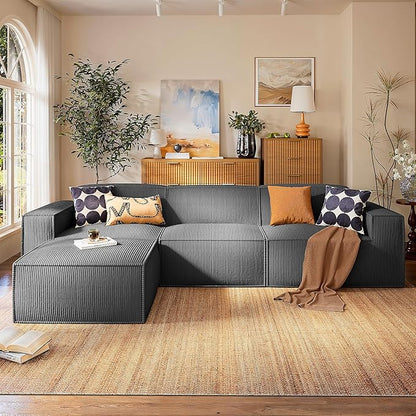 Marsail Modular Sectional Sofa, 111" L-Shaped Modular Sectional Couch with Deep Seat, Freely Combinable Sectional Cloud Sofa for Living Room, No Assembly, Plush Corduroy Fabric, Grey