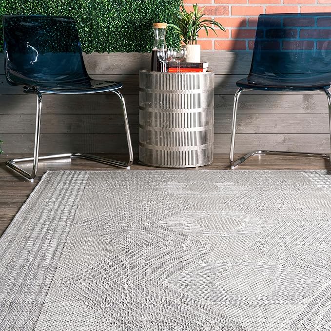 nuLOOM 10' x 13' Outdoor Tribal Geometric Area Rug, Stain Resistant, Weather Resistant, High Traffic, Patio, Balcony, Outside, Ranya Light Grey