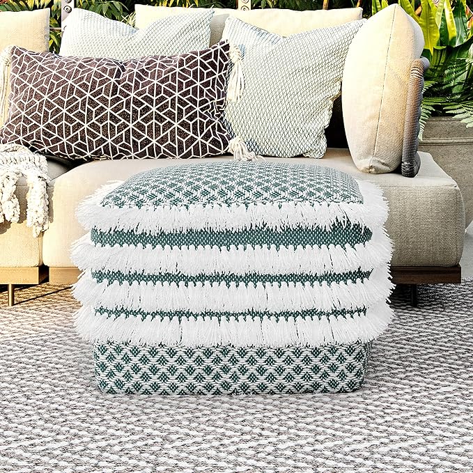SIMPLIHOME Leah Boho Square Woven Outdoor/ Indoor Pouf in Turquoise and White Recycled PET Polyester for the Living Room, Bedroom and Kids Room