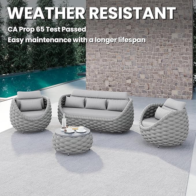 4 Pieces Woven Rope Patio Conversation Set: Rustproof Aluminum Frame, Weather Resistant, Thick Cushions, No Assembly, Easy to Clean, Comfy Outdoor Sofa Set for Porch Deck Yard Hotel - Gray