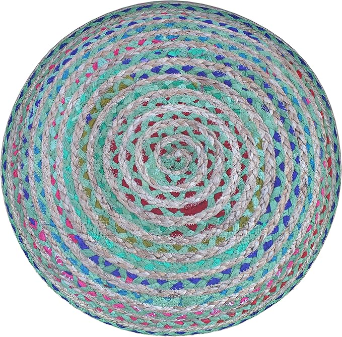 SIMPLIHOME Margo Boho Round Pouf in Green Braided Jute for the Living Room, Bedroom and Kids Room