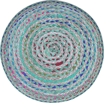 SIMPLIHOME Margo Boho Round Pouf in Green Braided Jute for the Living Room, Bedroom and Kids Room