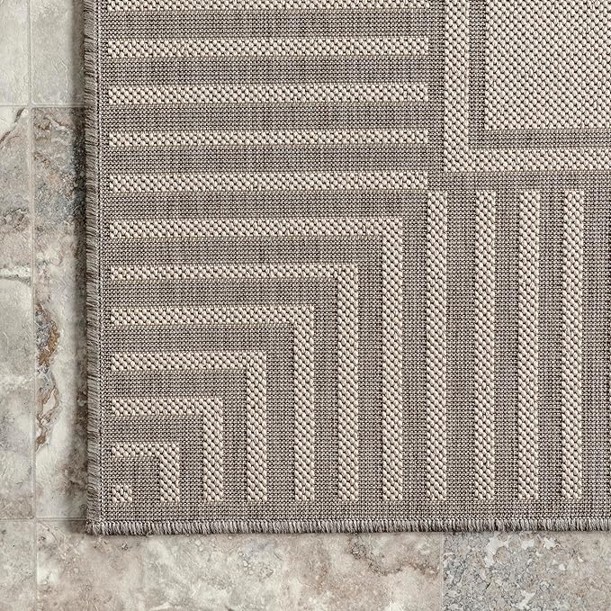 nuLOOM 9' x 12' Outdoor Area Rug, Casual Design with Striped Border, Stain Resistant, Highly Durable, for Patio, Balcony, Bedroom, Living Room, Dining Room, Bathroom, Light Grey